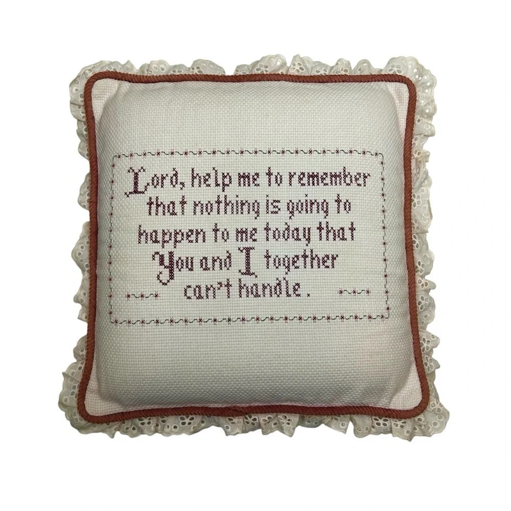 Vintage Cross Stitch Ivory Burgundy Decorative Pillow With a Prayer “Lord…